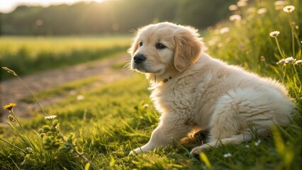 A close-up of a fluffy golden retriever puppy sitting on a grassy field. Its eyes are bright and curious. Soft sunlight enhances the warm tones. Realistic pet photography.