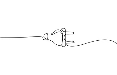 Obraz premium Continuous line art plug energy power storage electric rechargeable supply, One continuous line drawing of plug inserting into electric outlet. Power socket energy disconnect in simple linear style.