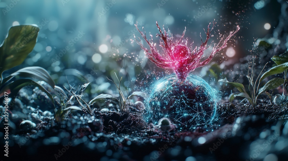 Poster exploring extraterrestrial biodiversity alien landscape digital art sci-fi environment close-up view