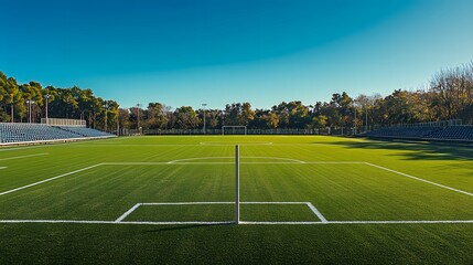 Vibrant Green Football Field Under Clear Blue Sky in Daylight
