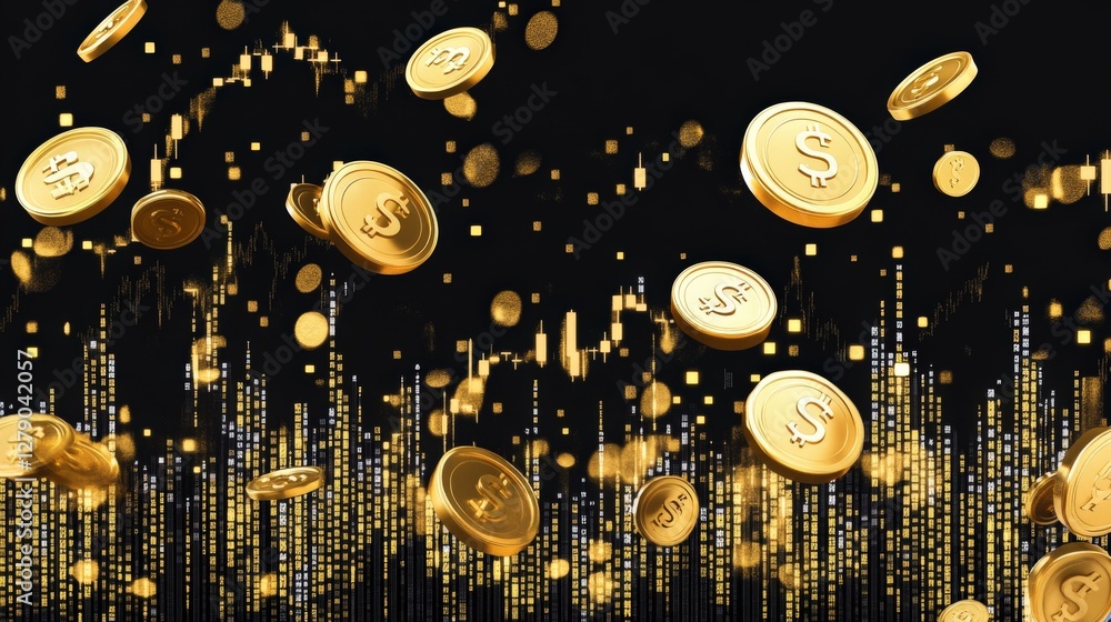 Poster golden coins floating against a dark background with financial graphs and glowing elements
