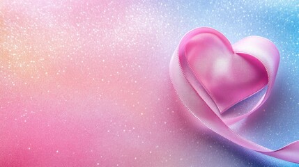 Fototapeta premium Pink heart shaped ribbon on pastel glitter background