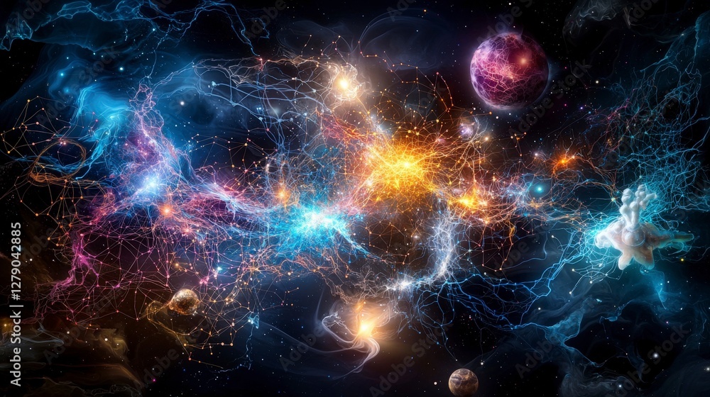 Poster galactic energy and consciousness a digital art map of cosmic interconnectedness in a stellar enviro