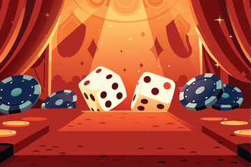 Create a fun, cartoon-style casino background featuring oversized playing cards, chips, and dice.  Include vibrant colors and a playful atmosphere.