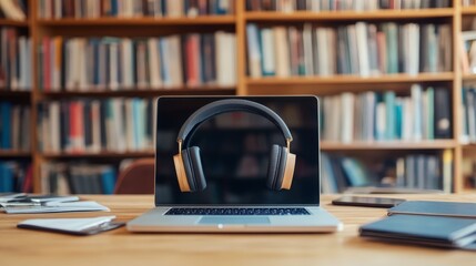 Modern workspace featuring a laptop with headphones, surrounded by books and stationery