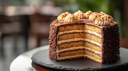 Delicious Layered Cake with Cream and Chocolate Garnish Displayed