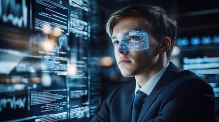 Fototapeta premium Safety and Security Protocols A young man in a suit gazes at digital data on screens, with a futuristic overlay on his face.