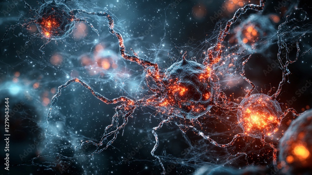 Poster Digital art environment dynamic cellular communication representation in abstract science visualization