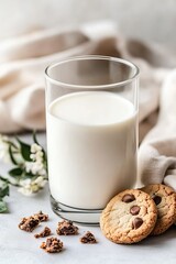 A glass of fresh milk with chocolate chip cookies and cookie crumbs, set against a soft fabric background with flowers. A cozy and indulgent dessert concept.

