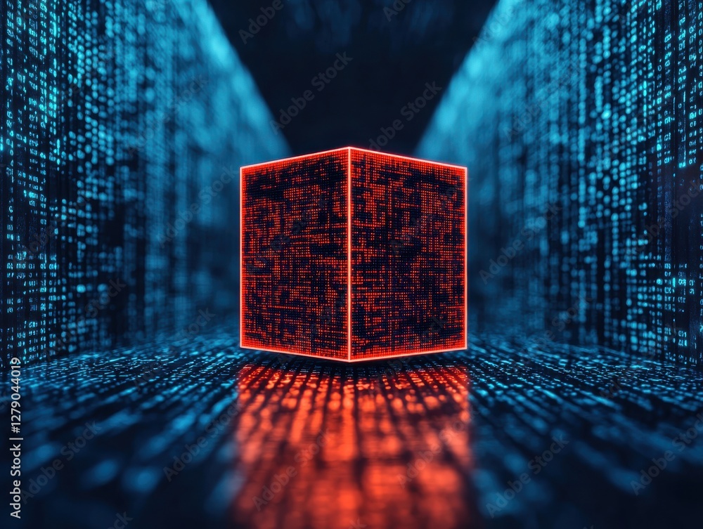 Poster a glowing cube amidst a digital data environment, symbolizing tech.
