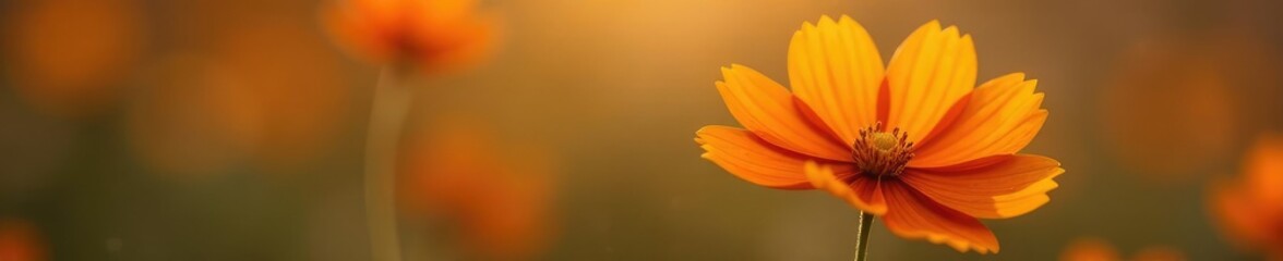 Soft focus of an orange cosmos flower on a dry leaf with warm backlight, flora, orange cosmos