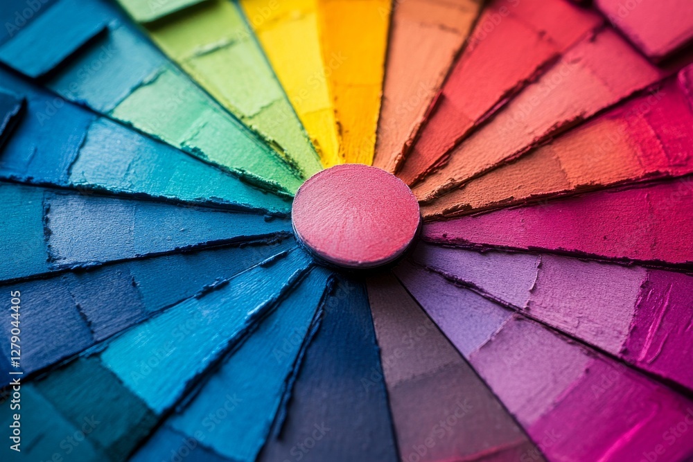 Poster close-up of a textured circular color wheel with vibrant paint strokes arranged in a radial pattern.