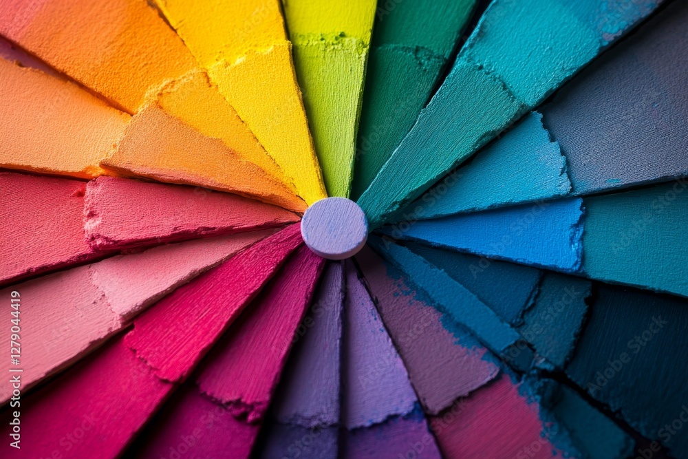 Poster close-up of a textured circular color wheel with vibrant paint strokes arranged in a radial pattern.