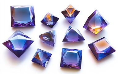 A set of blue and purple glass gems for video games on a white background