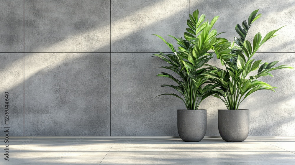 Wall mural Two vibrant potted plants are positioned on the floor, complementing the space with greenery against a neutral wall backdrop.