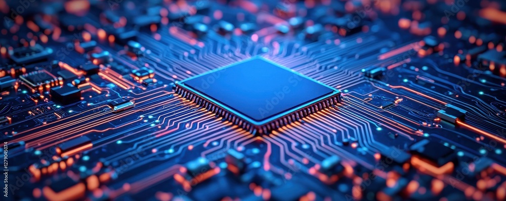 Poster close-up view of a microchip on a circuit board, glowing design.