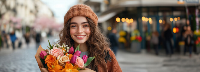 young woman with curly hair smiles while holding bouquet of colorful flowers on city street