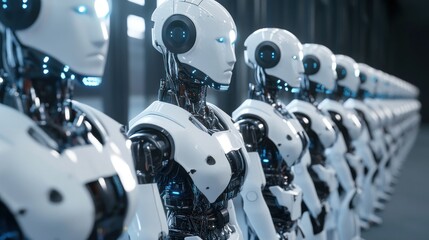 Fototapeta premium Row of humanoid robots in a factory.