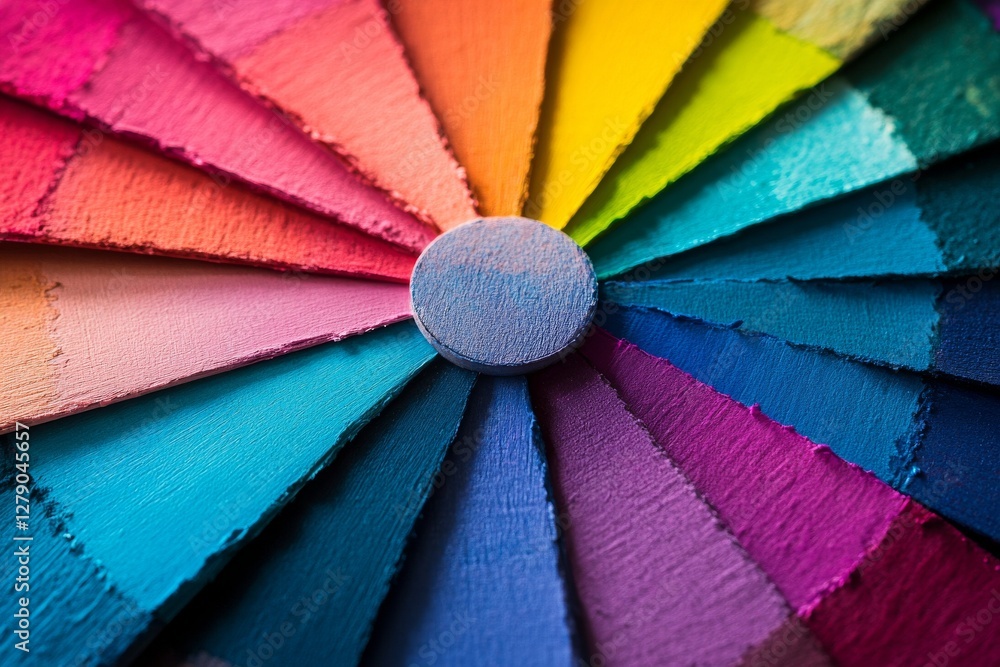Poster close-up of a textured color wheel featuring a spectrum of vivid paint strokes arranged in a radial 
