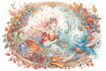 A fairytale watercolor illustration of a graceful girl surrounded by natural elements. like an illustration to a fairy tale.