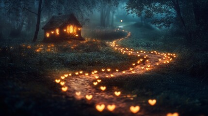 Obraz premium Enchanted Forest Path Leading to a Cozy Cottage at Night