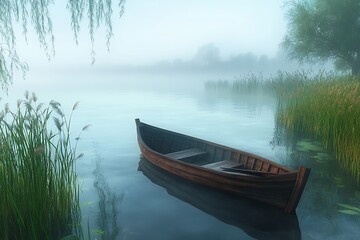 Obraz premium Tranquil Wooden Rowboat on a Misty Morning Lake