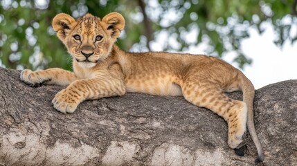 A giraffe perched on a tree branch gazes directly at the camera, showcasing its unique features and surroundings with an intriguing perspective.