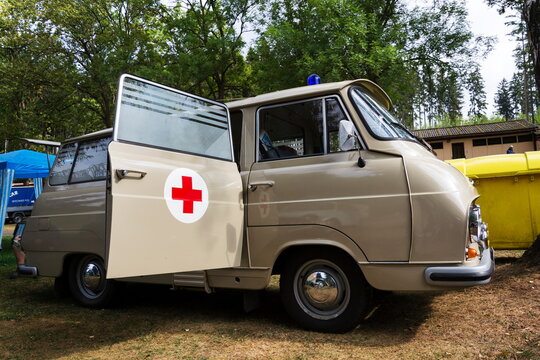 DOLNI KALNA, CZECH REPUBLIC - AUGUST 25 2018: Vintage car Skoda 1203 ambulance oldsmobile veteran stands on August 25, 2018 in Dolni Kalna, Czech Republic.