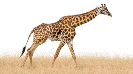 Fototapeta premium A graceful giraffe strides elegantly across a lush field filled with tall green grass, showcasing its long neck and unique spotted coat.