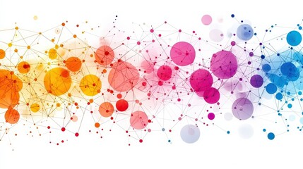 Abstract Colorful Connection Network with Dots and Circles in Vibrant Shades on a White Background