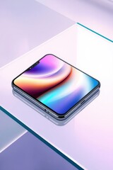 Sleek smartphone with vibrant display rests on a modern, geometric surface. Technology meets artistry.