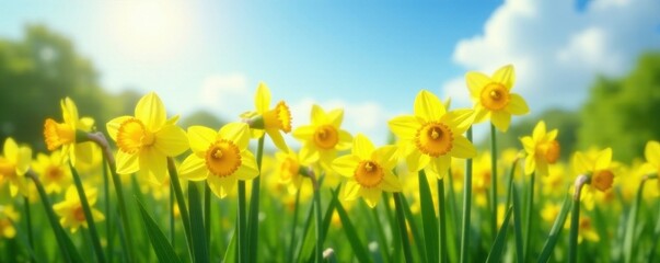 Vibrant daffodil flowers in a lush green field with sunny sky and gentle breeze, field, green