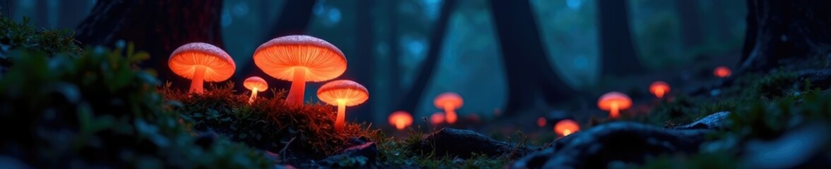 The eerie glow of luminescent fungi illuminates a dark forest floor, foliage, glow