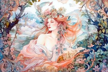 a magical fantasy illustration with a graceful girl who embodies spring, nature and harmony. 
