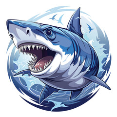 Render a photorealistic image of a great white shark gracefully swimming underwater, its jaw slightly agape, revealing rows of sharp teeth.