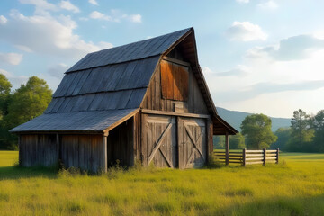 Obraz premium Rustic Wooden Barn in a Sunny Meadow