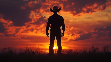 Cowboy sunset silhouette, plains