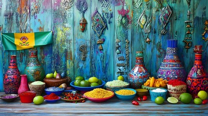 Fototapeta premium Mexican Fiesta Still Life with Vibrant Colors and Festive Display against Textured Backdrop