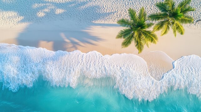A stunning aerial view of a beach featuring a palm tree, golden sand, and a vibrant blue ocean, capturing the essence of tropical paradise.