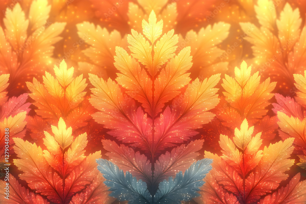Poster rows of colorful fractal leaves pattern with glowing lights on orange background