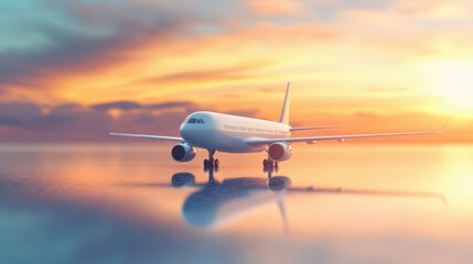 Fototapeta premium An airplane rests on the airport runway, silhouetted against a vibrant sunset sky, showcasing the beauty of air travel and evening tranquility.