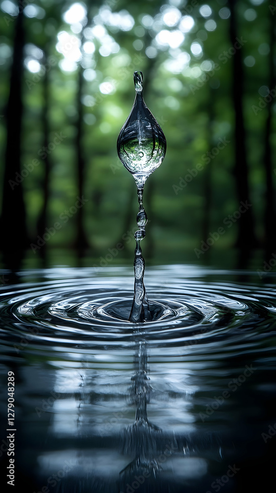 Poster water drop impacting calm water surface with forest reflections creating circular ripples