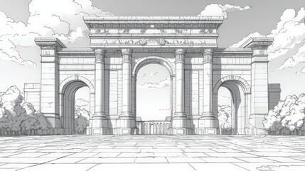 Fototapeta premium Majestic Architectural Structure with Arches and Columns Under Cloudy Sky in Black and White