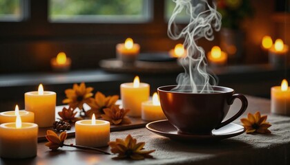 Tranquil scene of glowing candles and steaming tea creating an intimate atmosphere