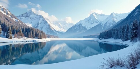 Winter landscape of Tatra Mountains with a frozen lake, lakes, mountains