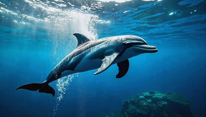 Naklejka premium Breathtaking underwater scene of a dolphin surrounded by sparkling bubbles and shimmering light