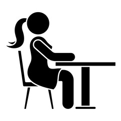 A silhouette of a woman sitting stylishly at a table and chair, isolated on a transparent PNG background, ideal for modern designs, presentations, and creative projects.

