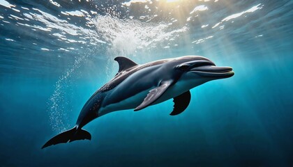 Obraz premium Dramatic underwater shot of a graceful dolphin swimming in sunlit ocean