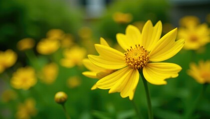 Obraz premium Yellow Coreopsis lanceolata flowers blooming in a garden, blossom, blooms, garden