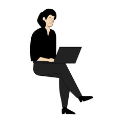 A silhouette of a woman sitting stylishly at a table and chair, isolated on a transparent PNG background, ideal for modern designs, presentations, and creative projects.

